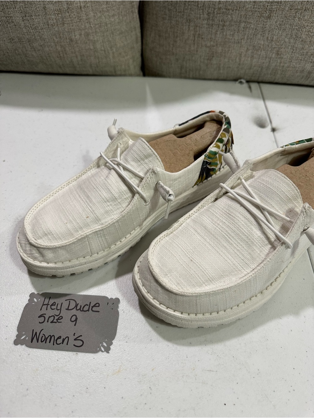 Hey Dude Women's Wendy Funk Slip-On in Chambray White with colorful heel